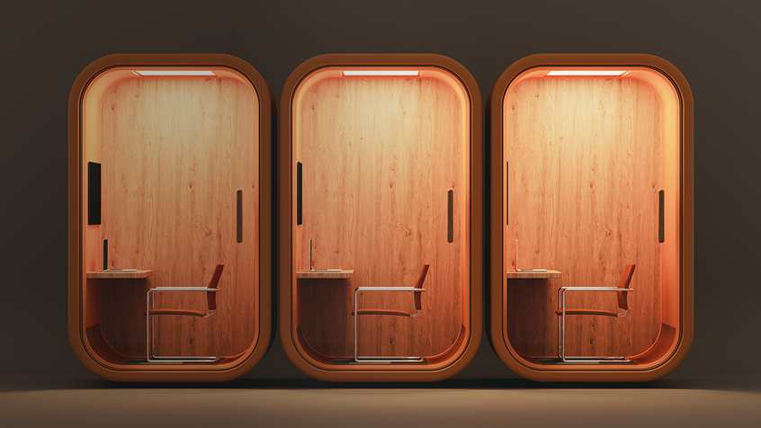 Mid-century modern office phone booths with warm light